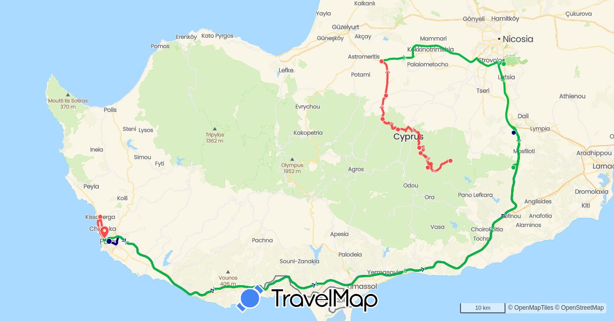 TravelMap itinerary: driving, bus, hiking in Cyprus (Asia)